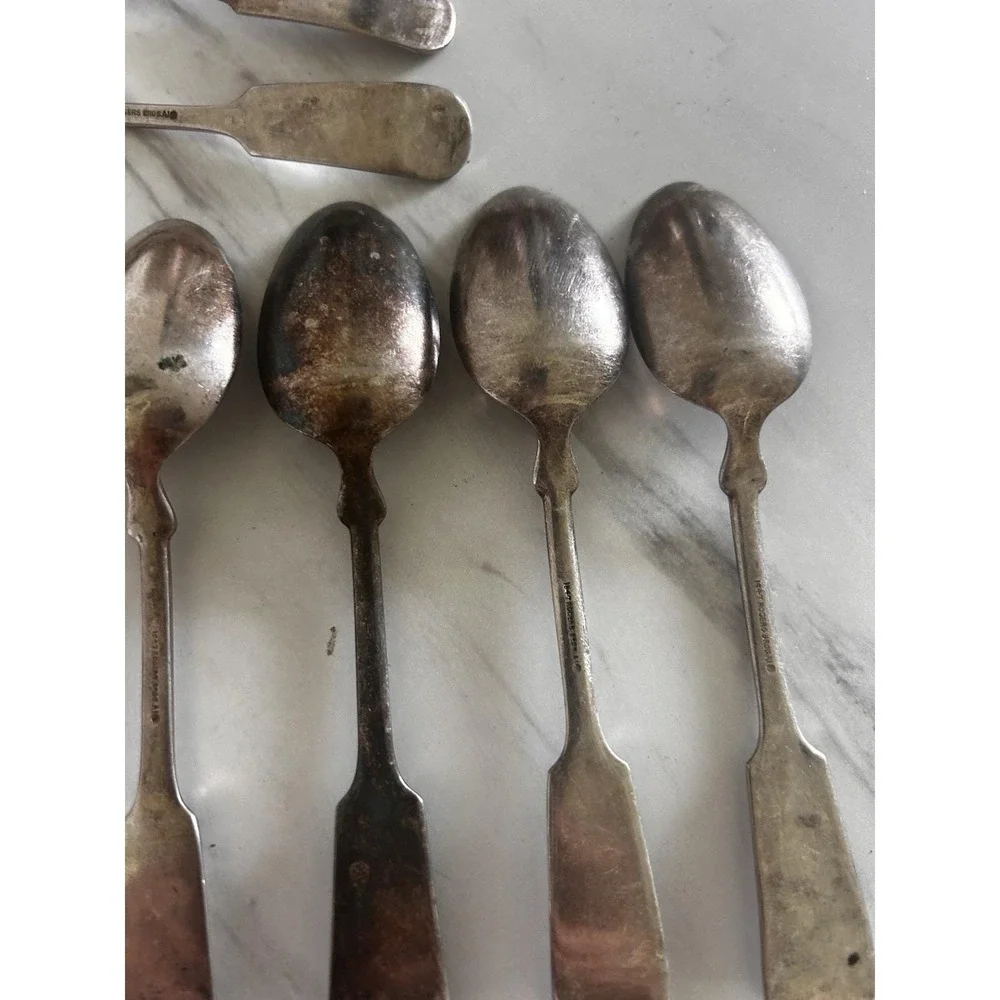 1847 Rogers Bros A1 Fiddle Pattern Spoons Silverplate Lot of 11 19th Century BxA